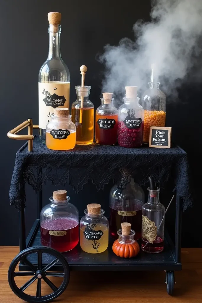 “Witchy Halloween bar cart with potion jars, black lace, and dry ice fog for a spooky chic effect.” 🧪✨