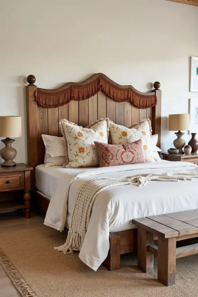 Western boho bedroom with distressed wood headboard, faux leather tassels, and rococó pillows.