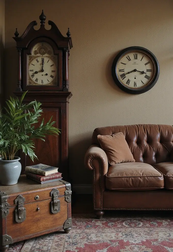 antique clock on wood shelf
