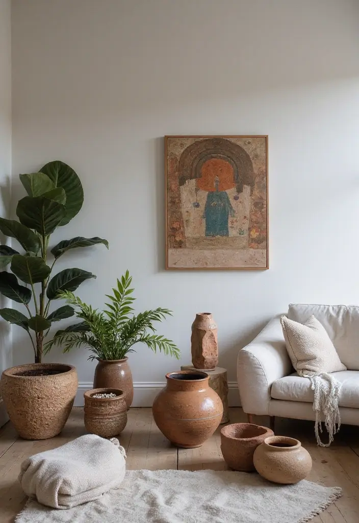 artistic pottery and plants arranged near sofa