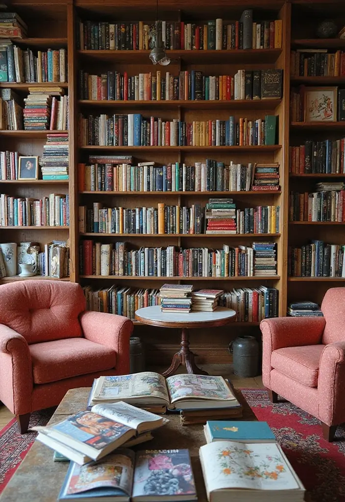 bookshelves filled with books and pink chairs in library setting