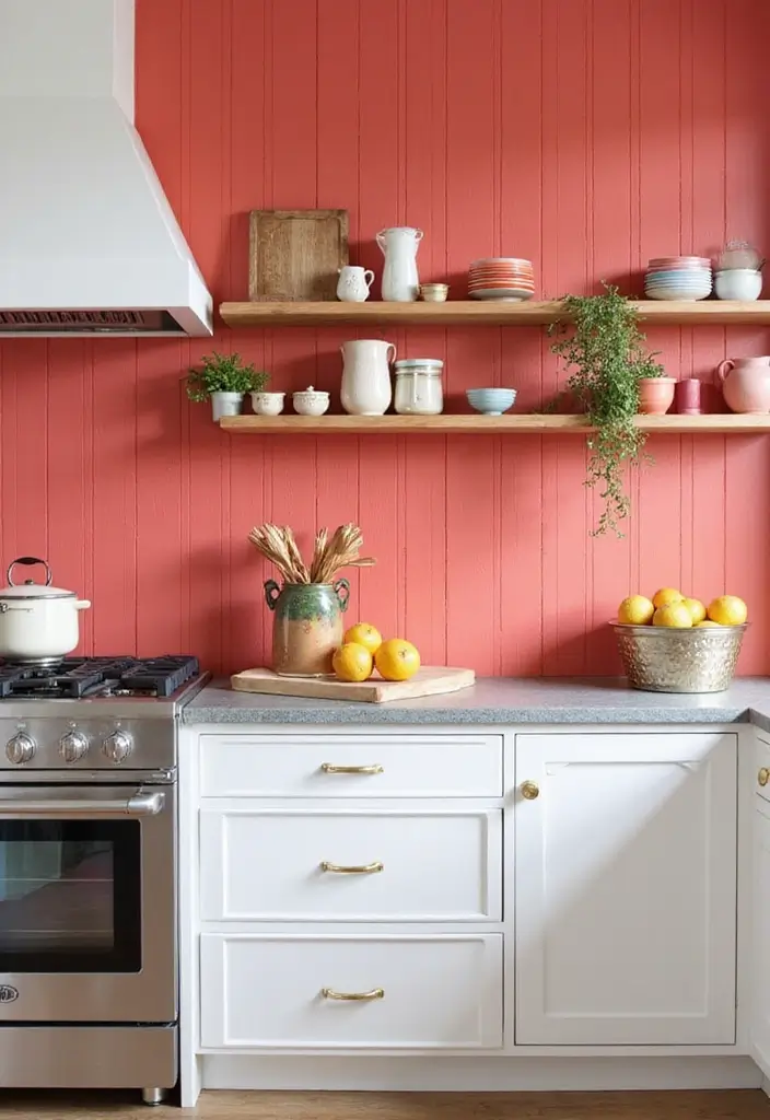 bright coral bead board backsplash for energetic kitchen