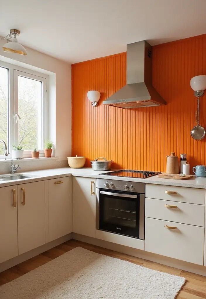 bright orange bead board backsplash for playful kitchen