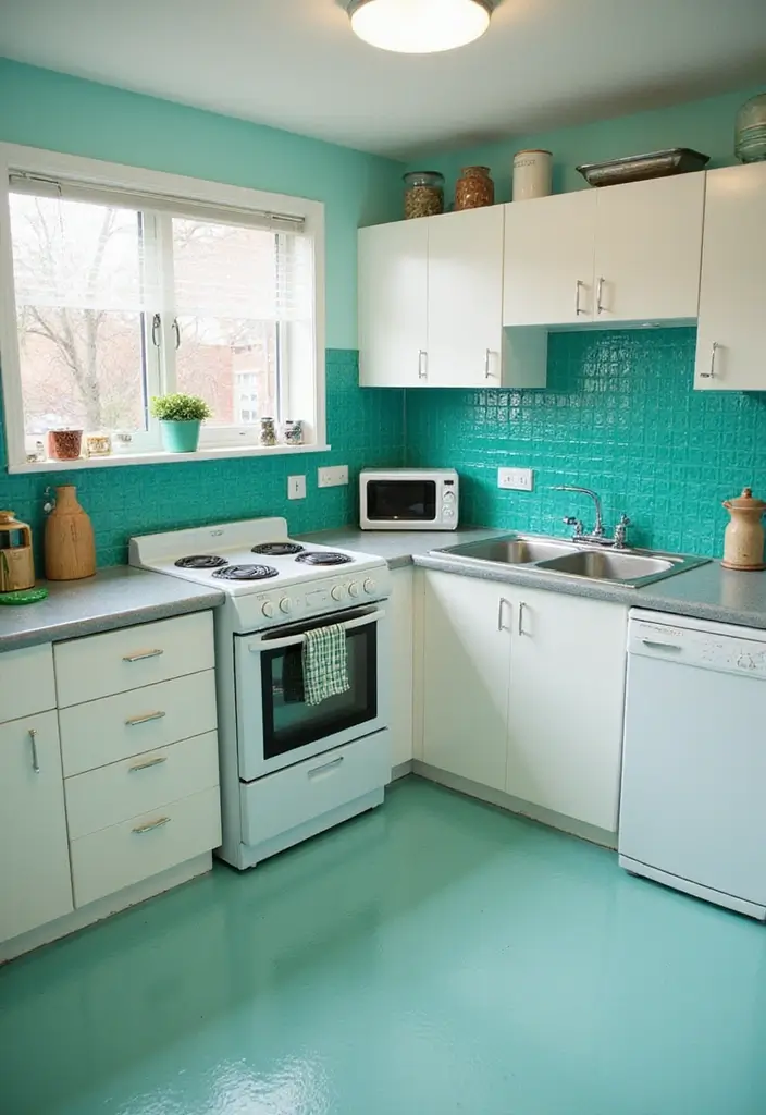 bright teal bead board backsplash for retro kitchen flair