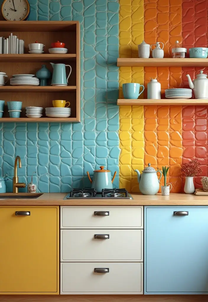 brightly colored tiles as bead board alternative for kitchen