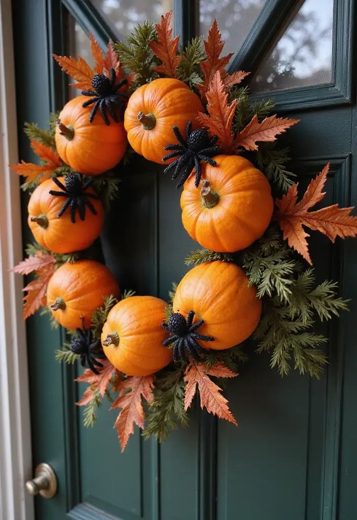 classic halloween wreath with pumpkins and spiders
