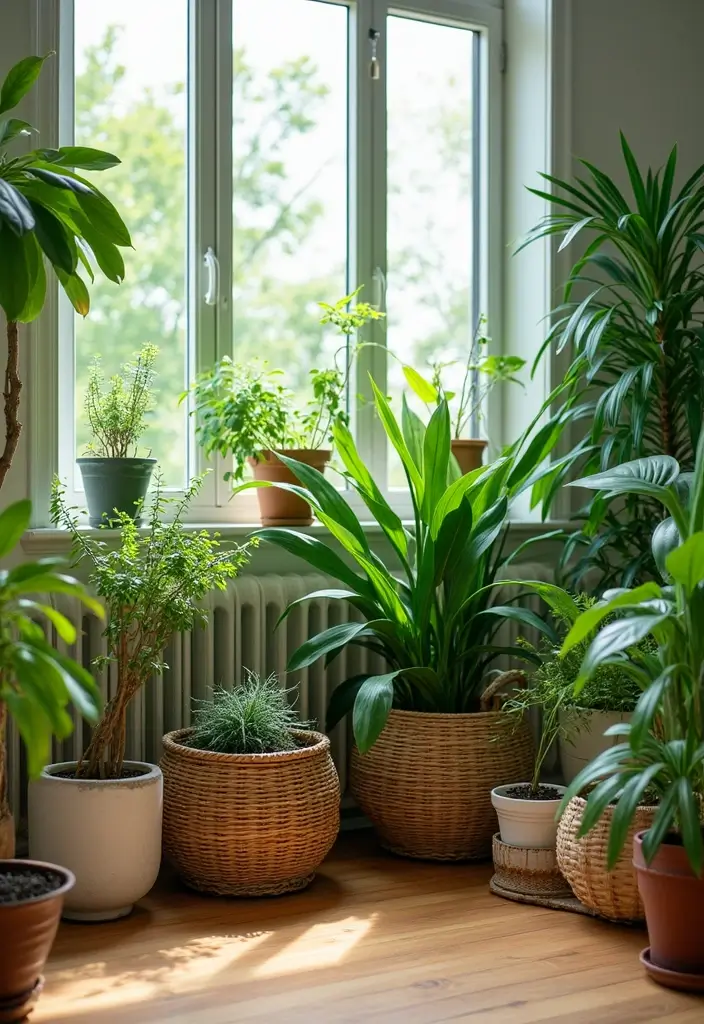 collection of potted plants in woven and ceramic pots near window