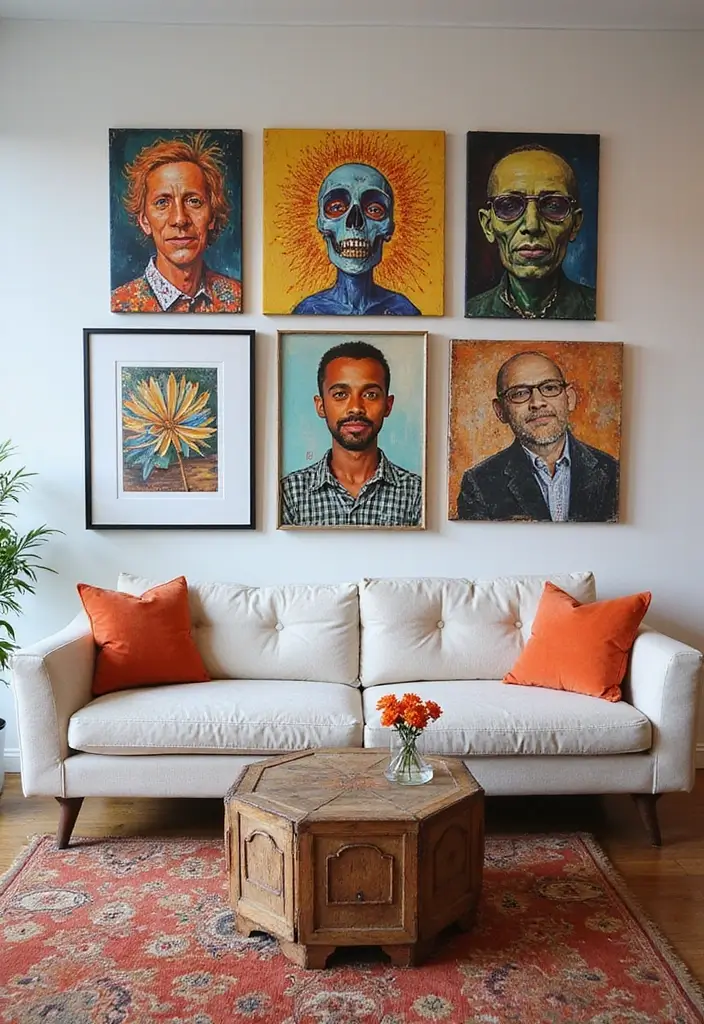 colorful portrait artwork above sofa with orange pillows
