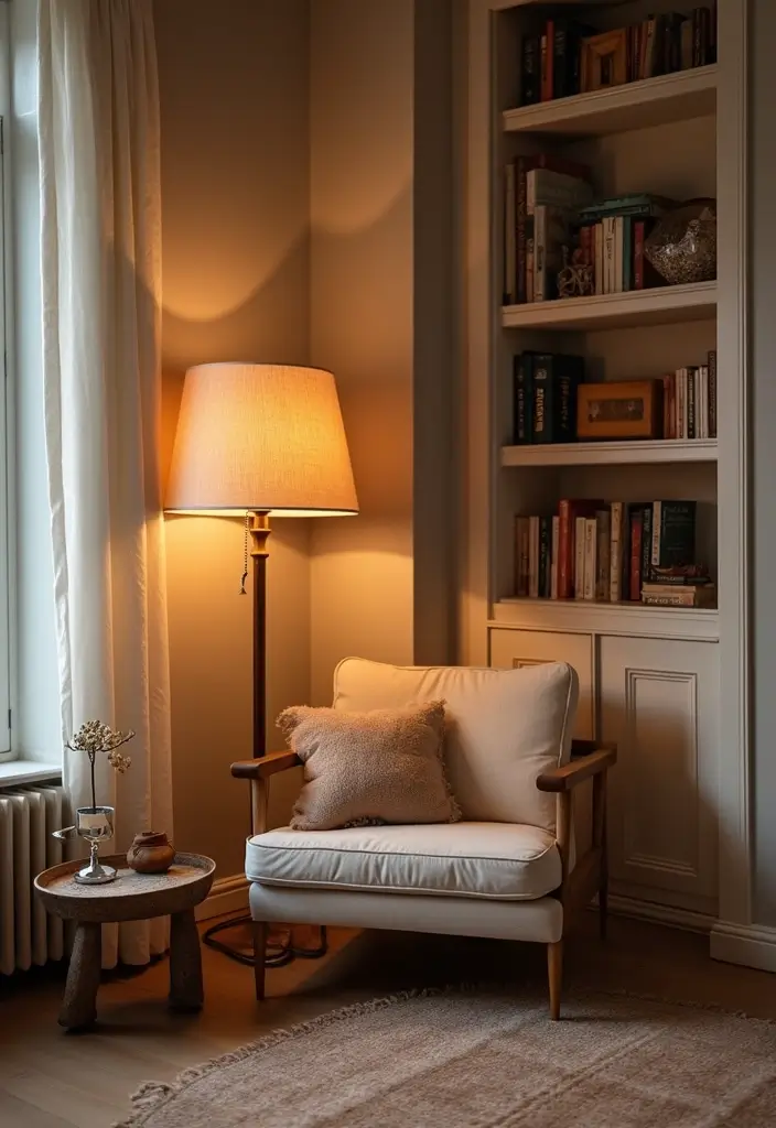 cozy armchair by window with blanket