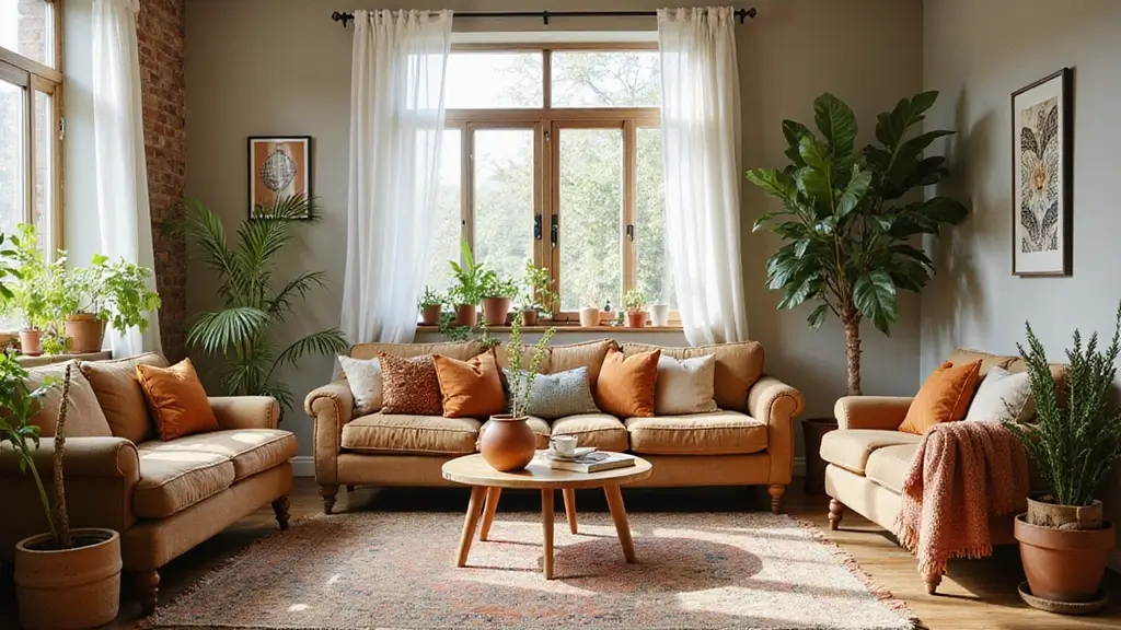 modern boho living room decor with natural textures
