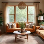 cozy boho mid-century living room with terracotta sofas, wooden coffee table, and lush green plants