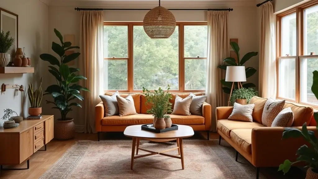 cozy boho mid-century living room with terracotta sofas, wooden coffee table, and lush green plants
