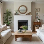 cozy farmhouse living room with sofa and wood table