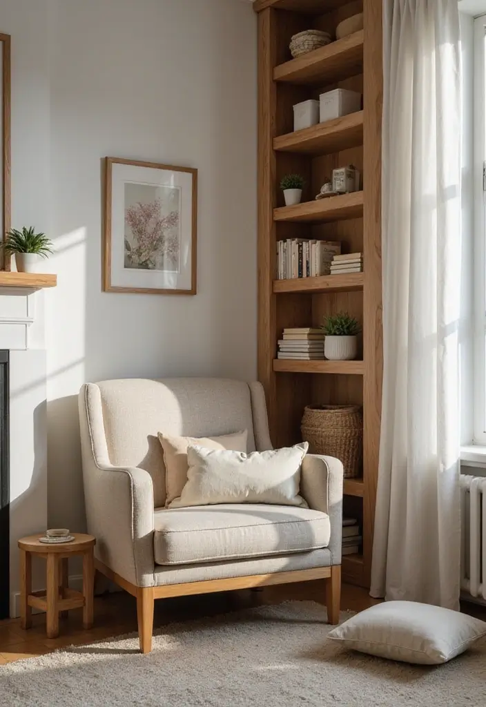 cozy reading nook with armchair, bookshelf, and plants
