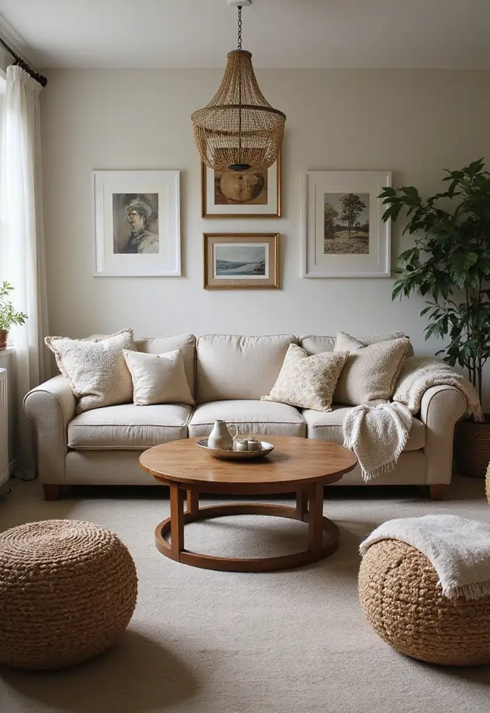 cozy seating with beige sofa, woven poufs, and round wooden coffee table