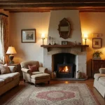 cozy vintage farmhouse living room with warm decor