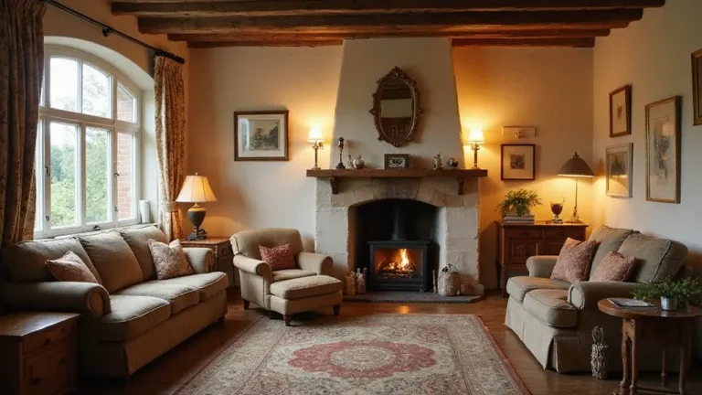 cozy vintage farmhouse living room with warm decor