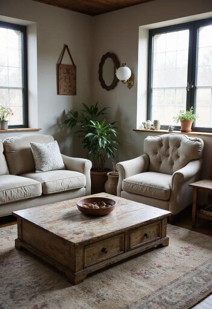 distressed wooden coffee table in living room