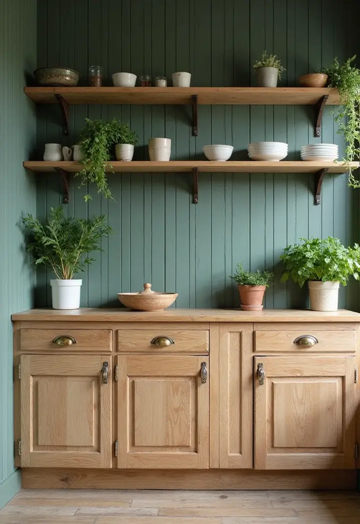 earthy green bead board backsplash for a natural kitchen