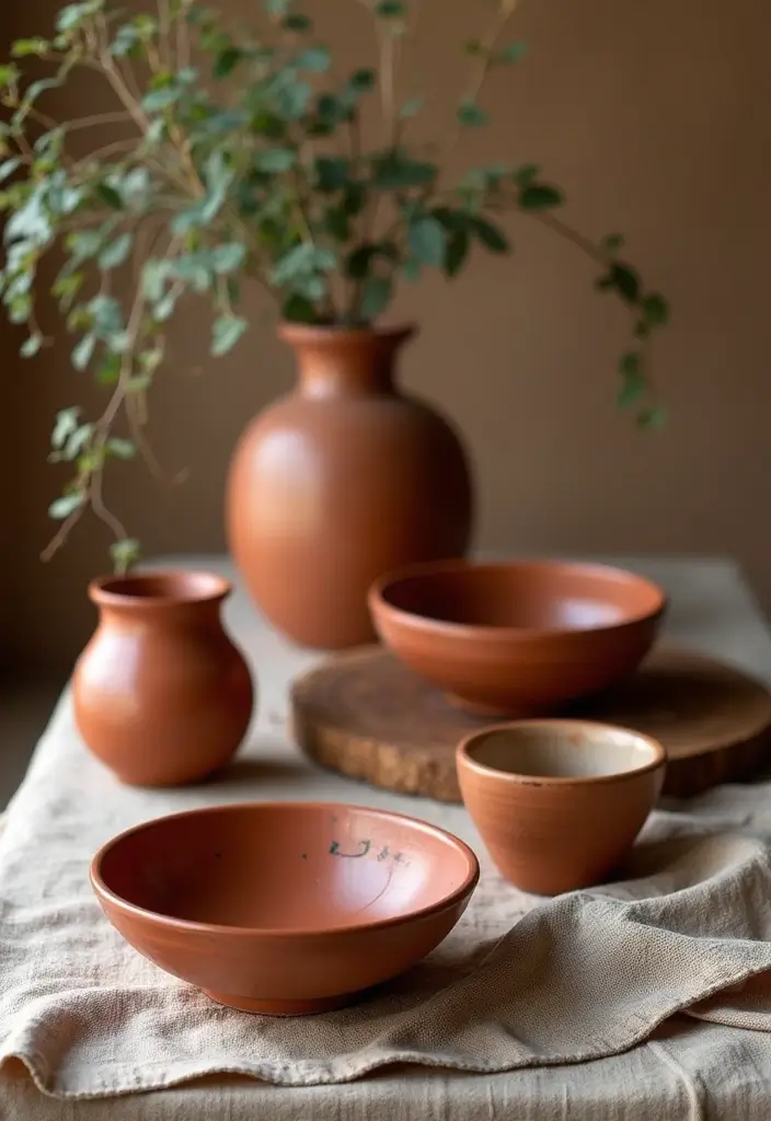 earthy terracotta vases, bowls, and cups on linen cloth