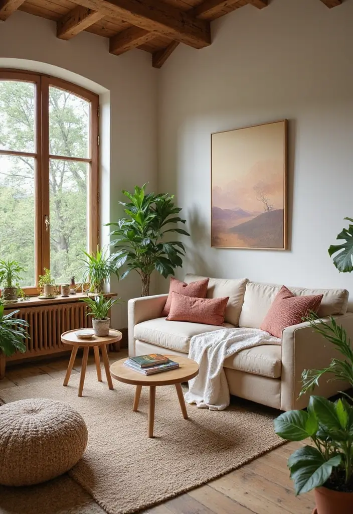 earthy tones living room with wooden furniture and green plants