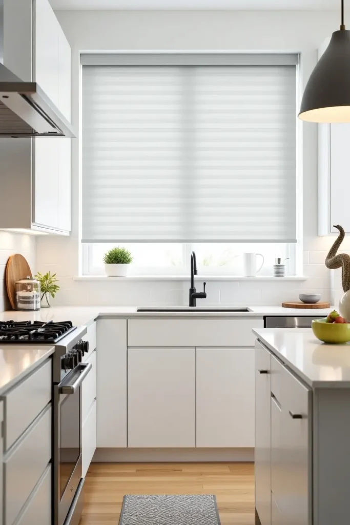Modern minimalist kitchen with cordless faux-wood blinds, clean surfaces, and warm soft lighting.