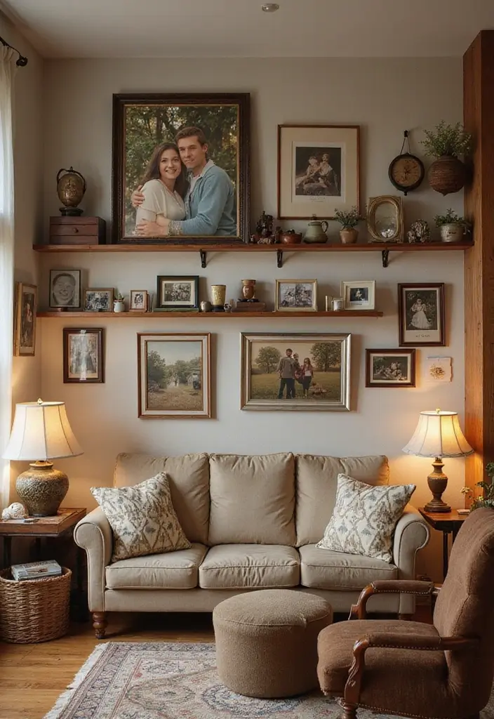 family photos and crafts on shelf