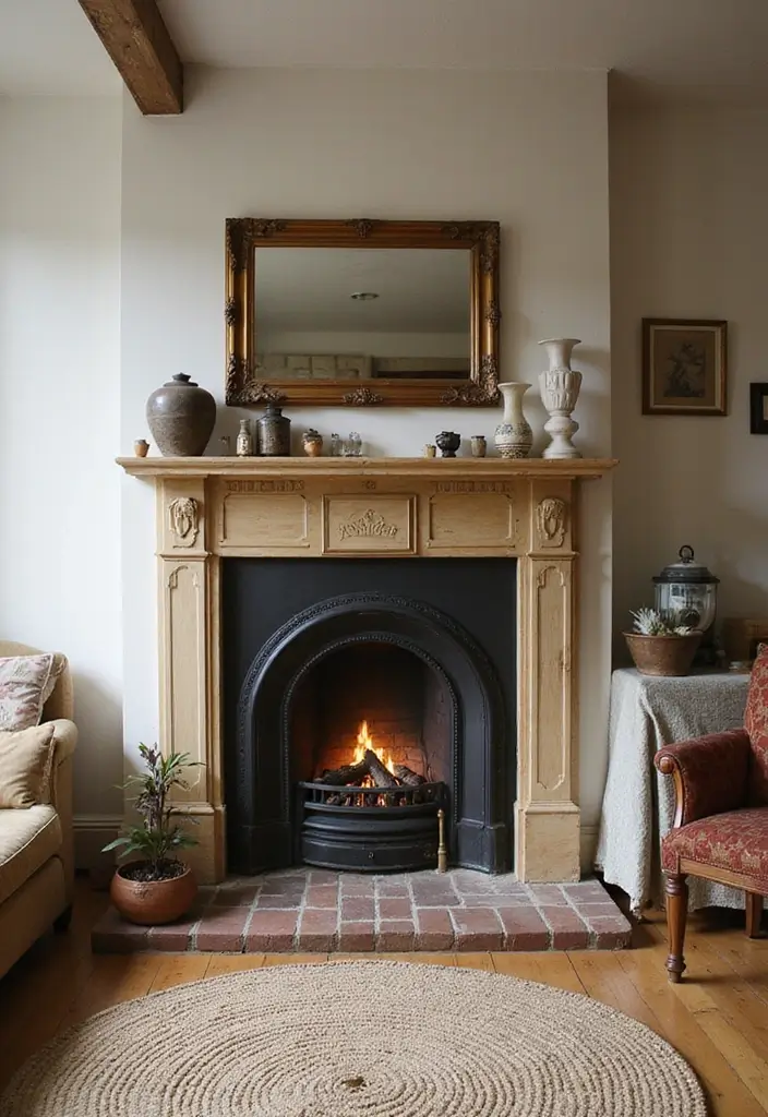 fireplace with stone hearth and mantel decor