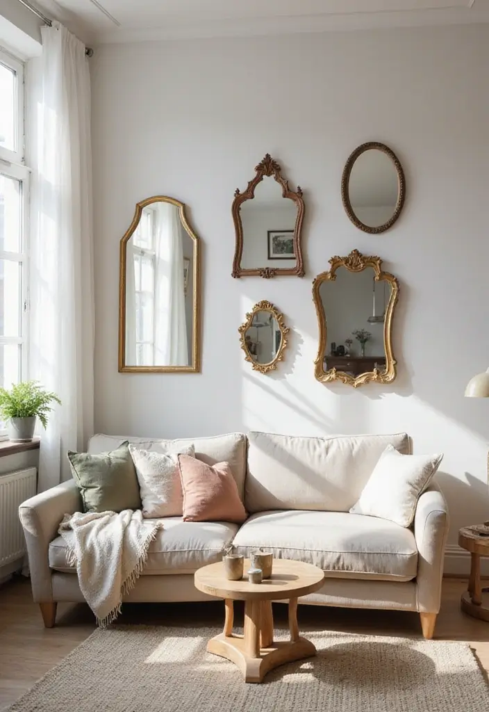 gallery of unique mirrors above sofa with pillows