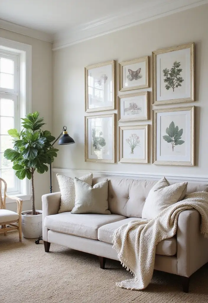 gallery wall with botanical art