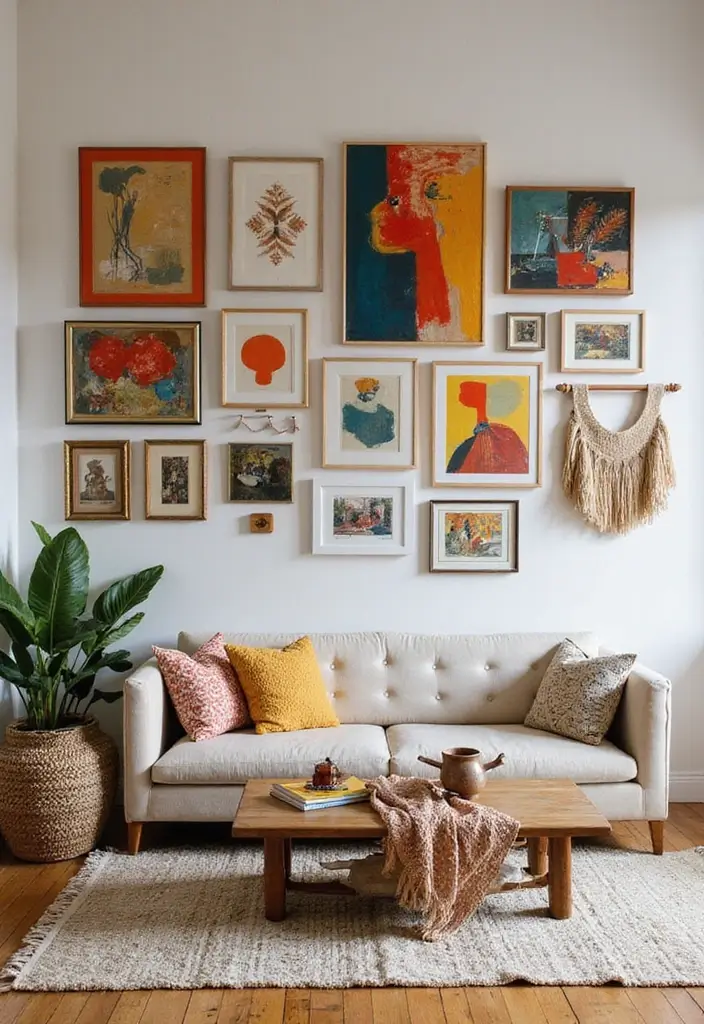 gallery wall with colorful abstract art and macrame above neutral sofa