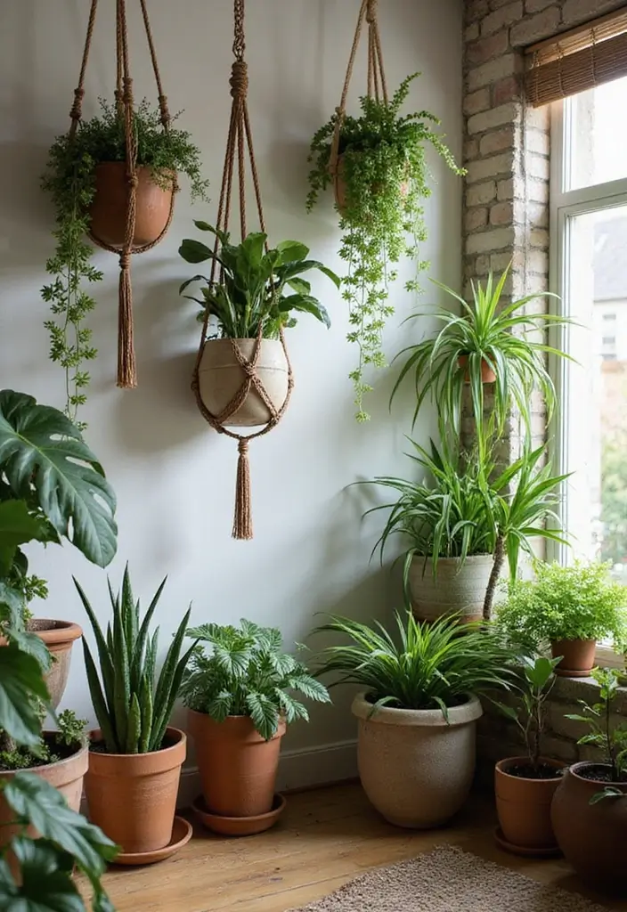 houseplants in macramé hangers