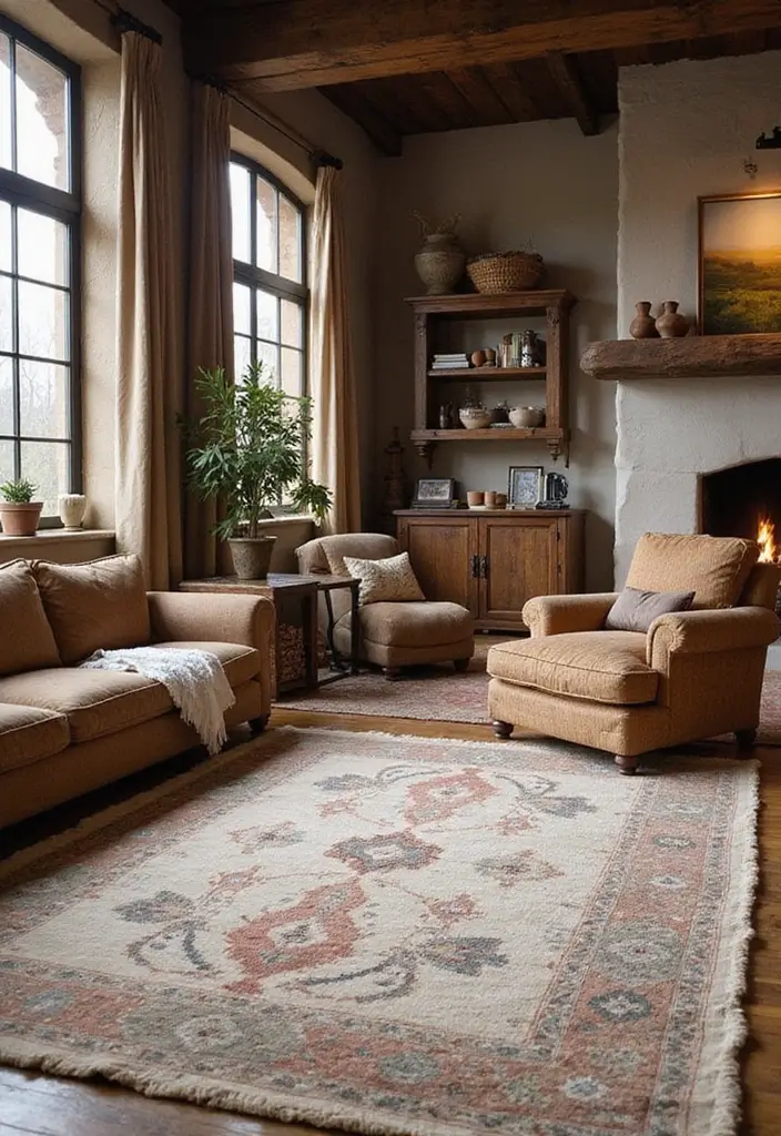 layered neutral and patterned rugs