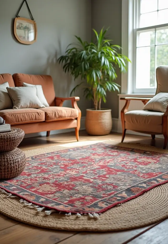 layered rugs under vintage sofas with plant