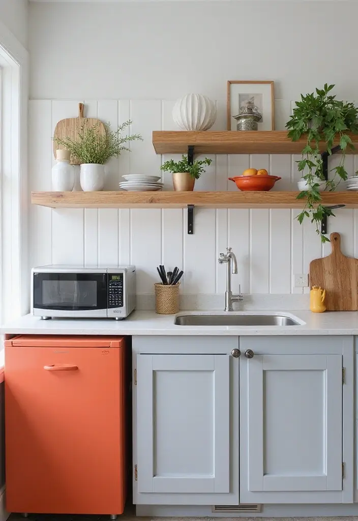 light gray bead board backsplash with bold accents