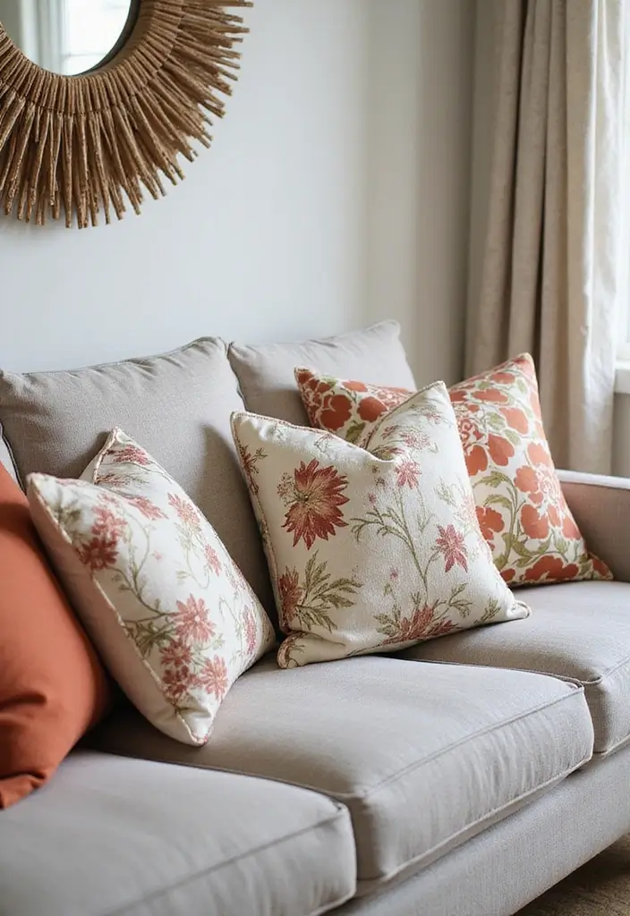 linen pillows with soft patterns on sofa