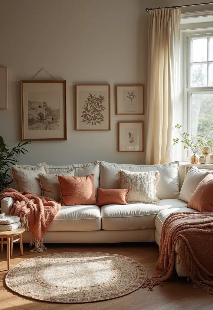 living room with cozy throw and patterned pillows