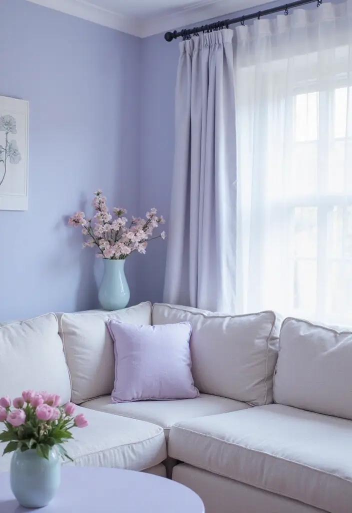 living room with pastel blue and cream decor