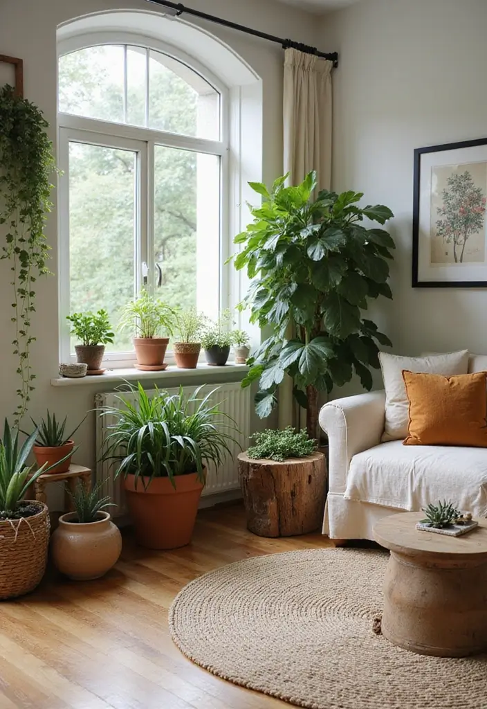 living room with plants and wooden accents