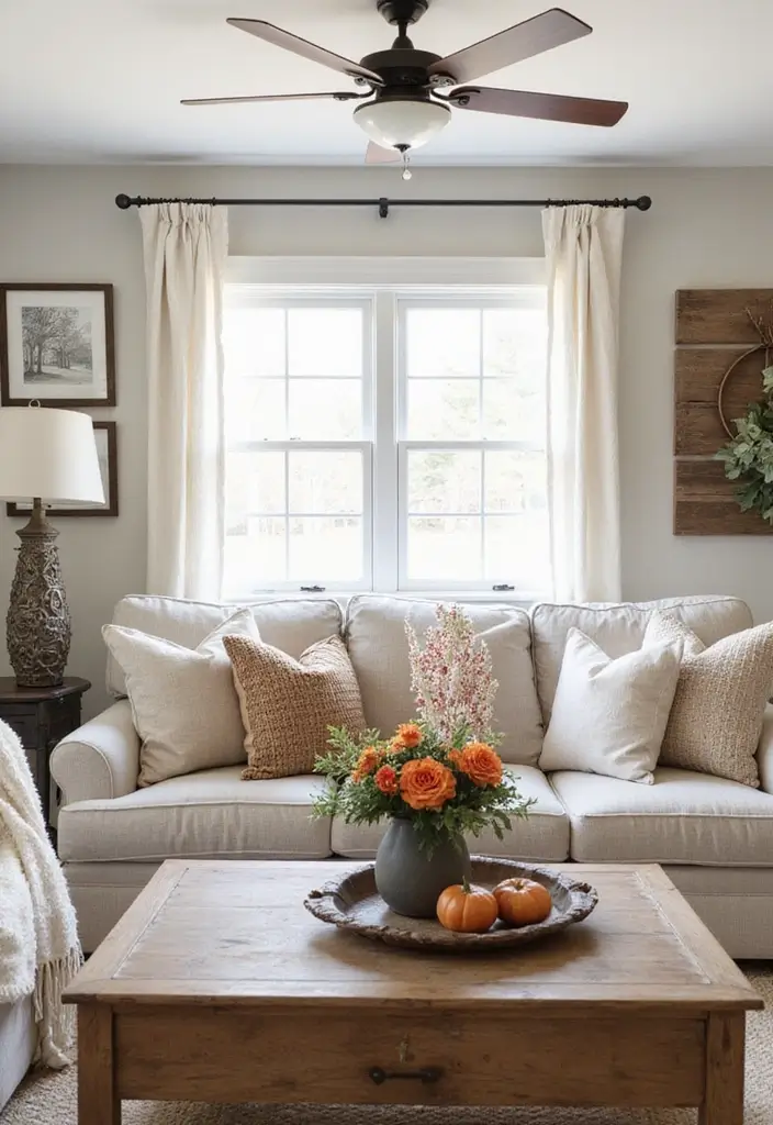 living room with seasonal pillows and decor