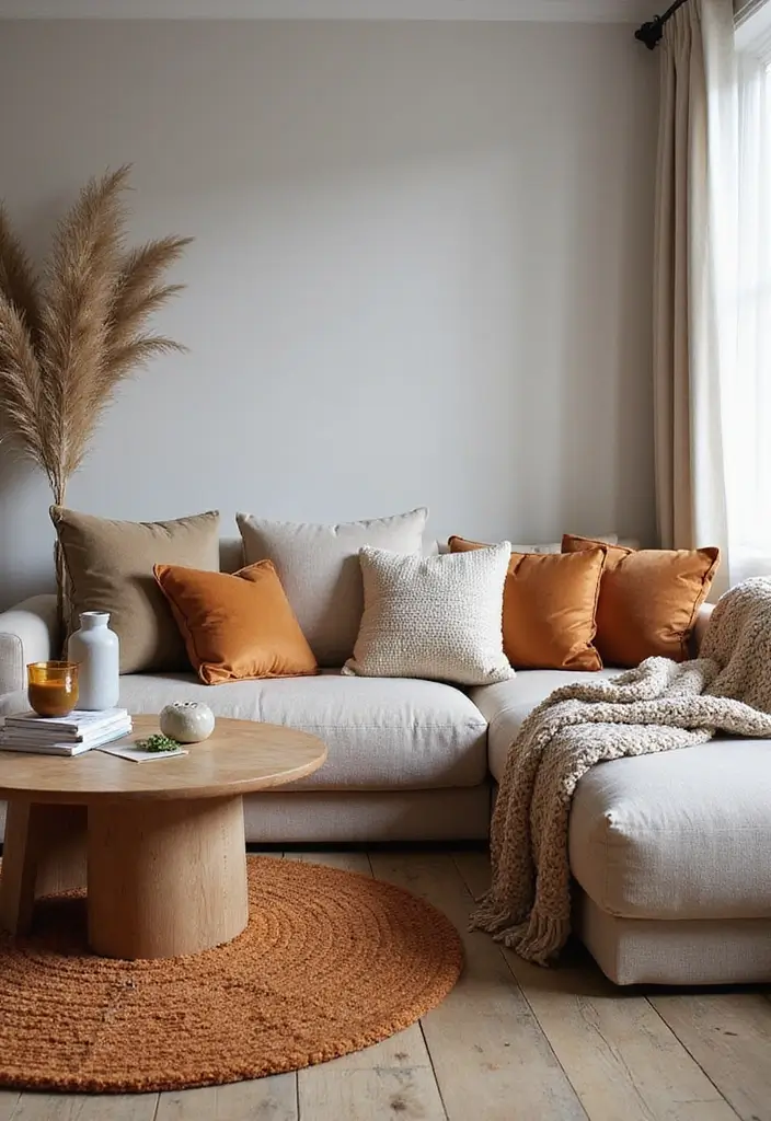 living room with velvet cushions and linen throw