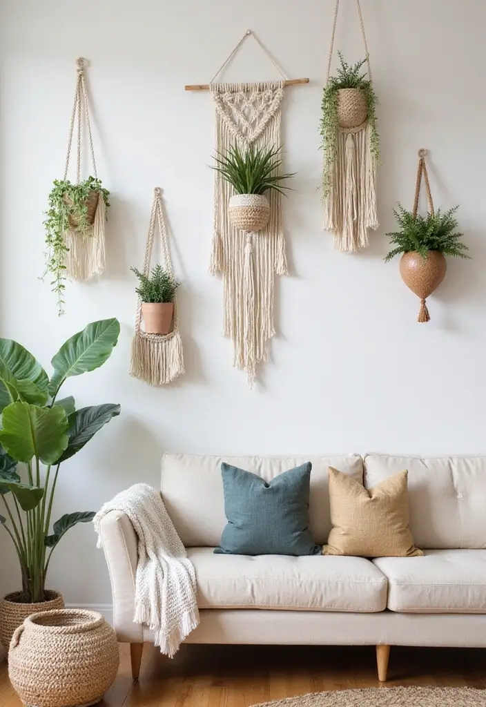 macrame plant hangers and wall decor above neutral sofa with pillows