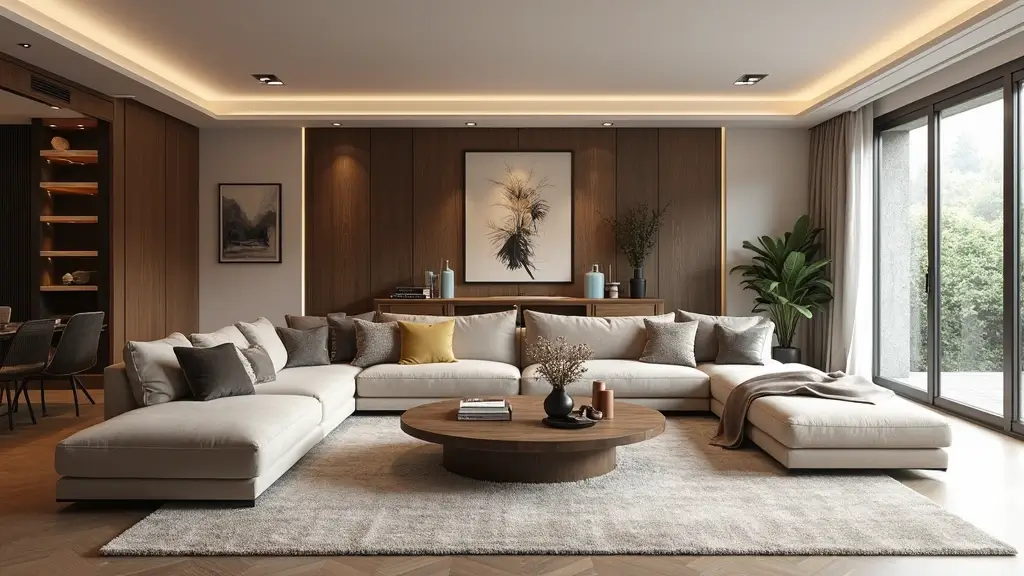 modern luxury living room with neutral sofa and brass accents