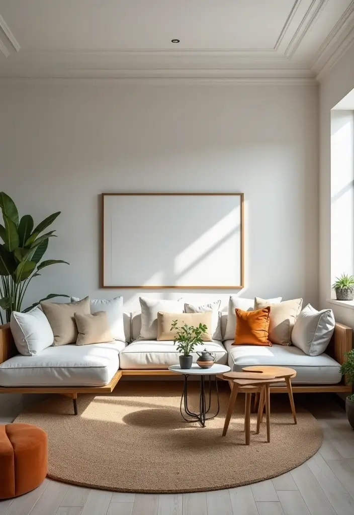 multi-functional low sofa with side tables and plants