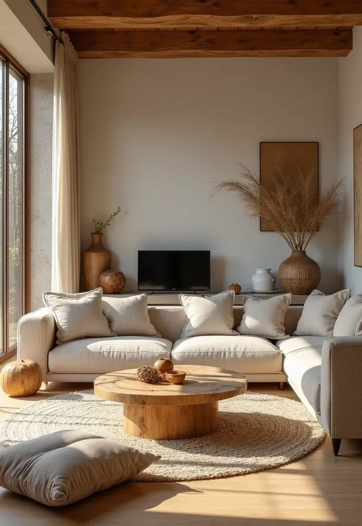 natural wood accents in living room with beige sectional and pampas grass
