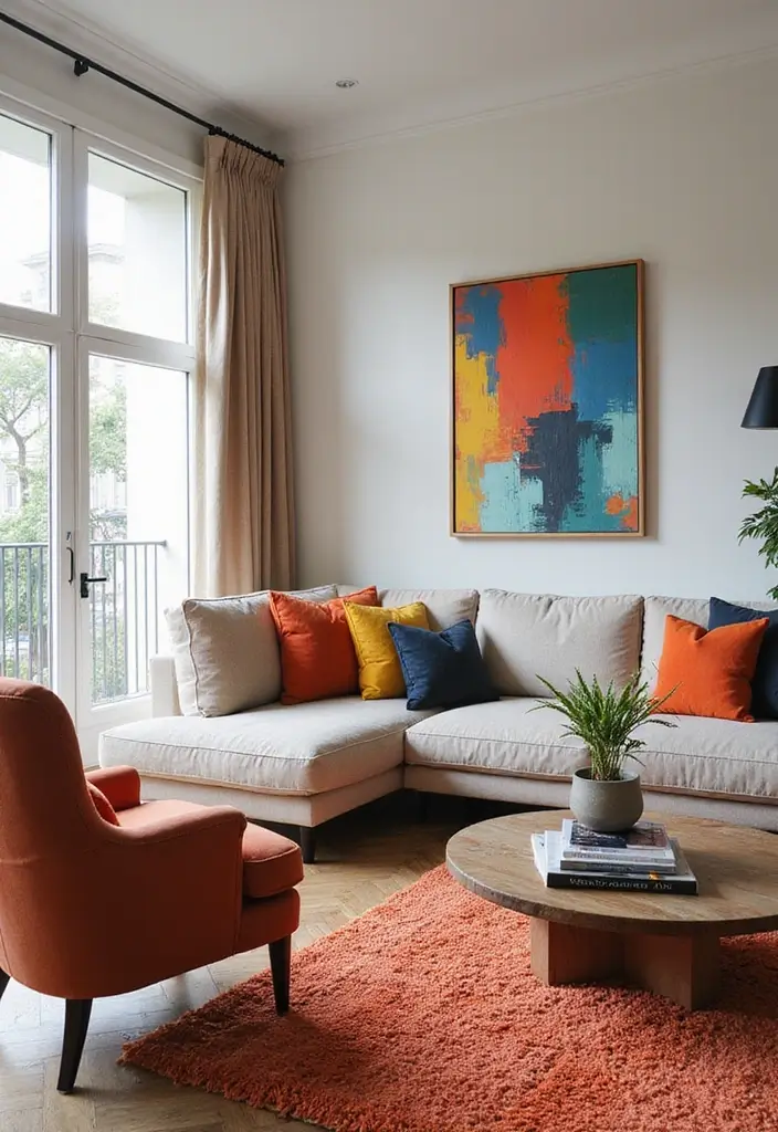 neutral living room with colorful pillows and abstract painting
