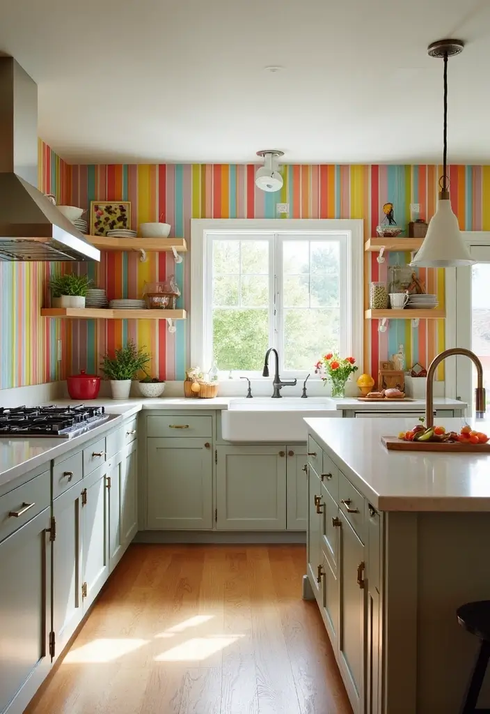 playful rainbow patterned bead board backsplash