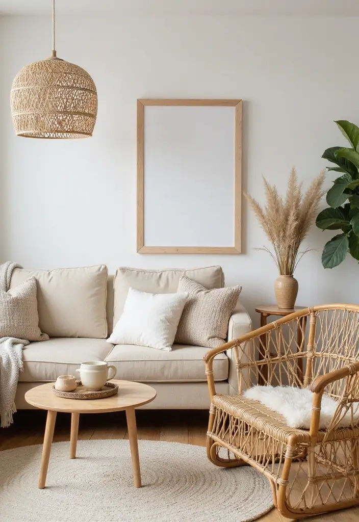 rattan chair and woven pendant light in boho living room