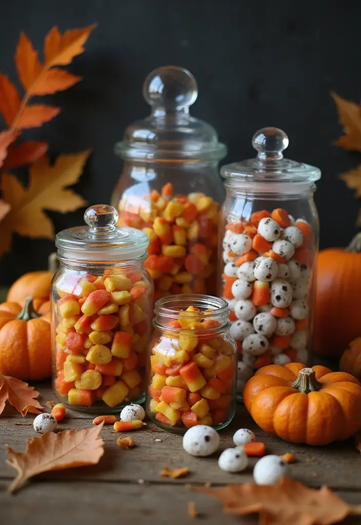 retro apothecary jars filled with halloween candy