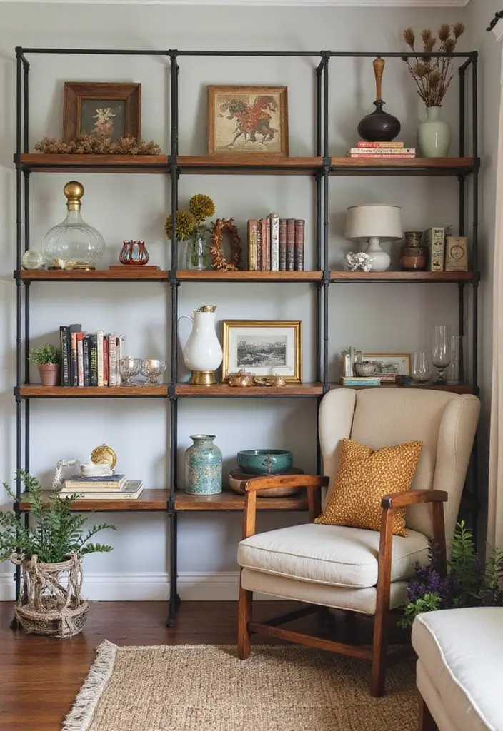 rustic wooden shelves with books and pottery